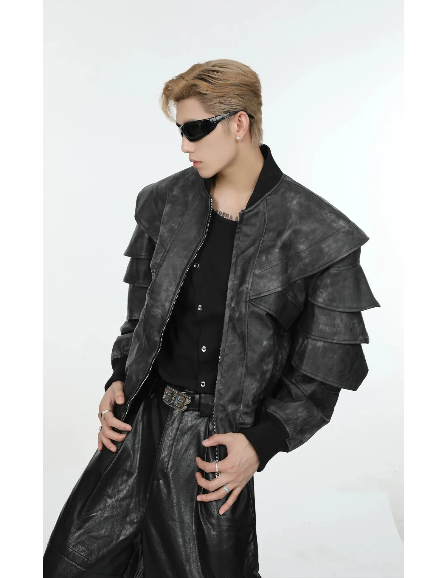 Men's Cascading Faux Leather Cropped Coat