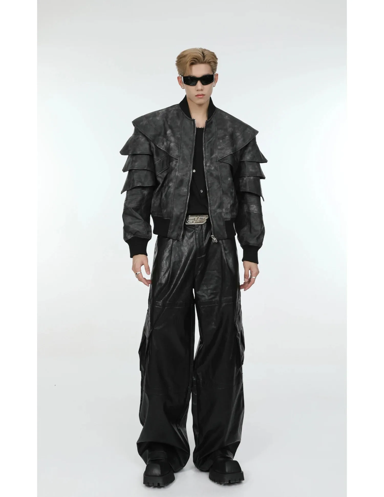 Men's Cascading Faux Leather Cropped Coat