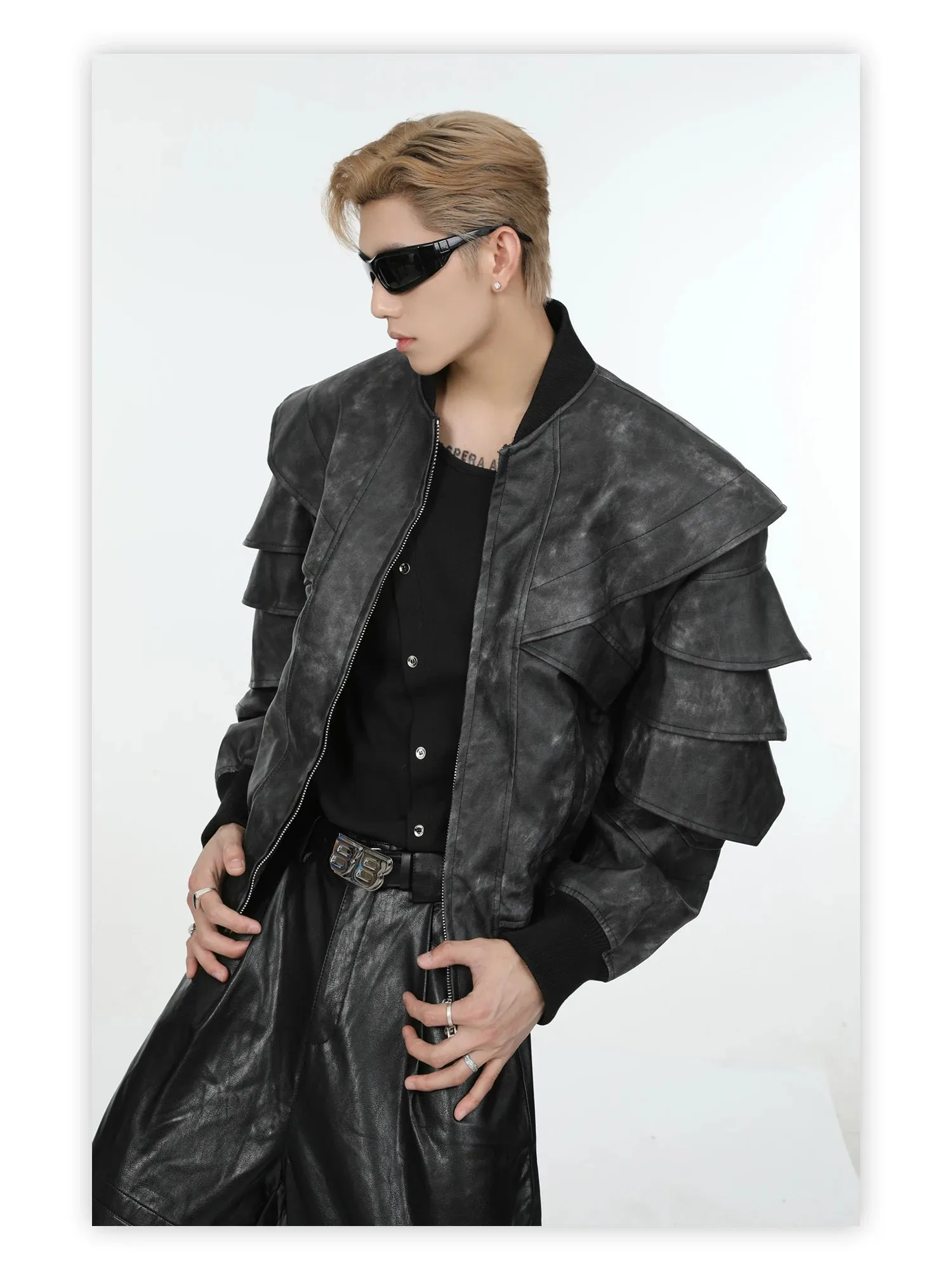 Men's Cascading Faux Leather Cropped Coat