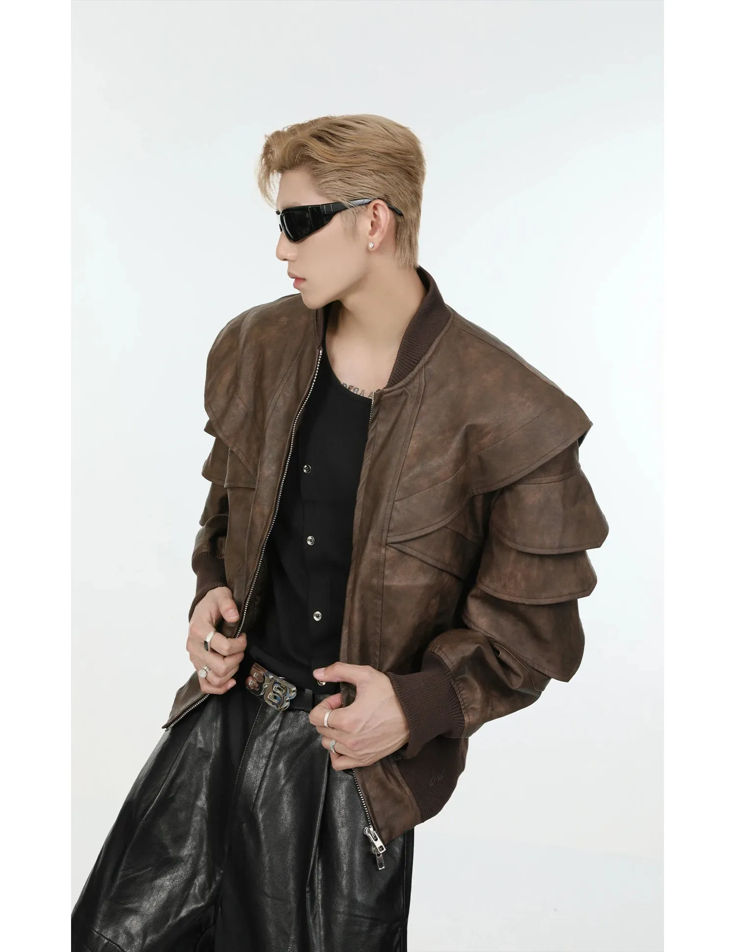 Men's Cascading Faux Leather Cropped Coat