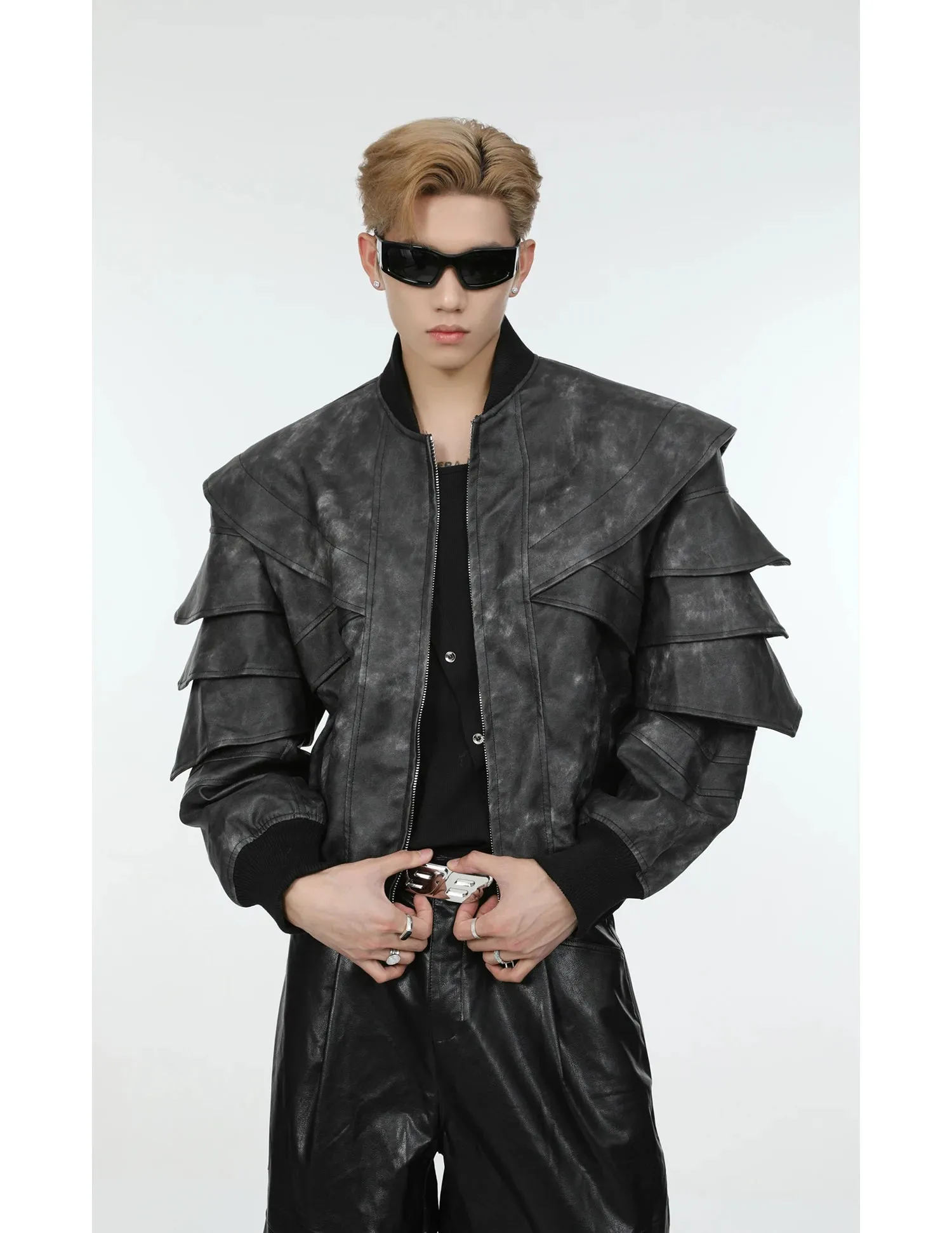 Men's Cascading Faux Leather Cropped Coat