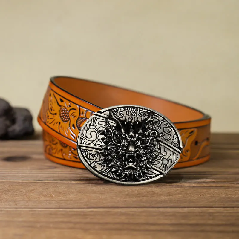 Men's DIY Brave Dragon Hidden Folding Knife Leather Belt