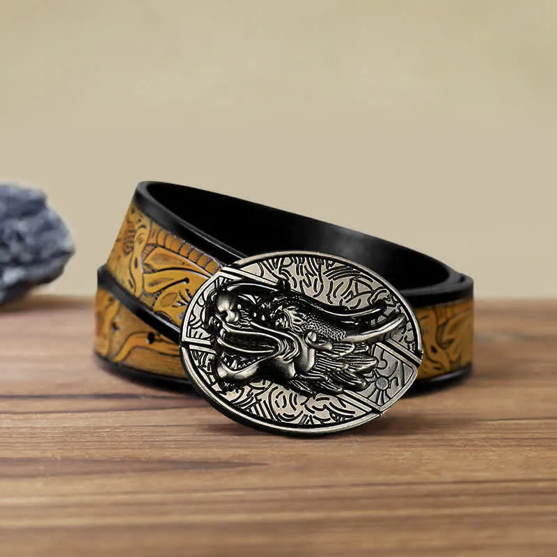 Men's DIY Dragon Head Hidden Folding Knife Leather Belt