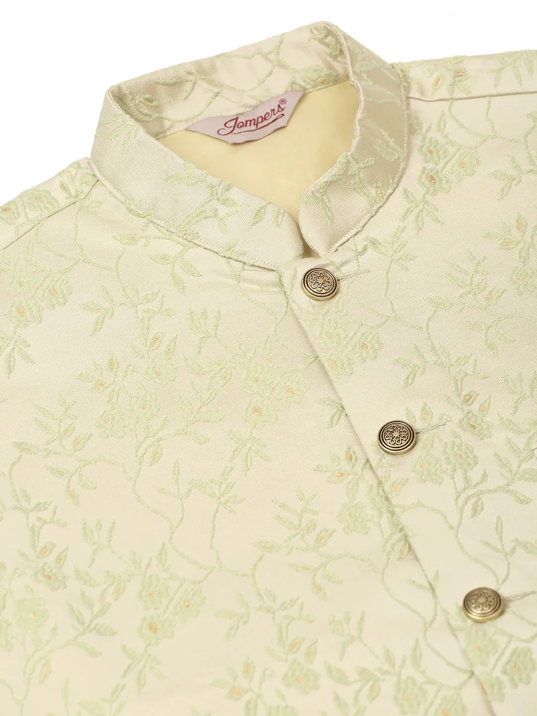 Men's Solid Kurta Pyjama With Pista Green Floral Embroidered Nehru Jacket