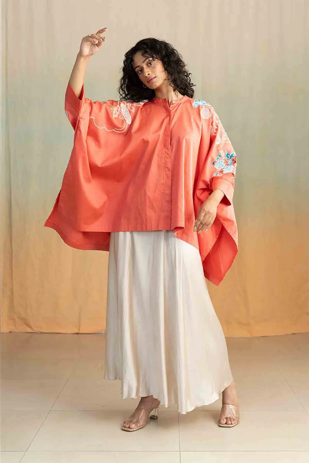 Moonflower Embroidered Kaftan Top (Deep Coral)