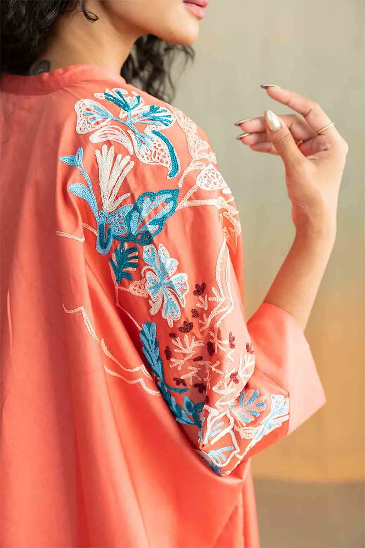 Moonflower Embroidered Kaftan Top (Deep Coral)