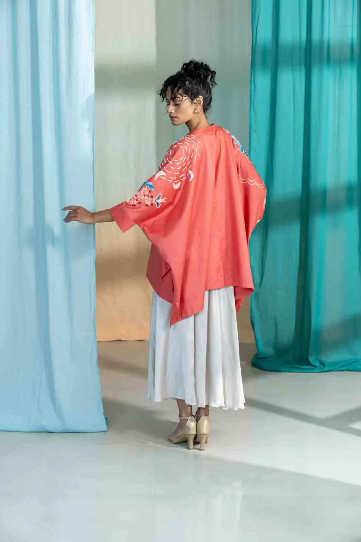Moonflower Embroidered Kaftan Top (Deep Coral)