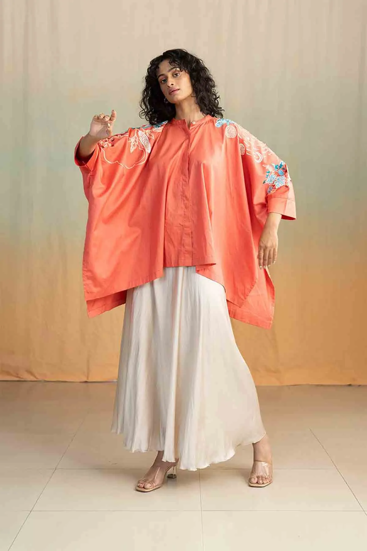 Moonflower Embroidered Kaftan Top (Deep Coral)