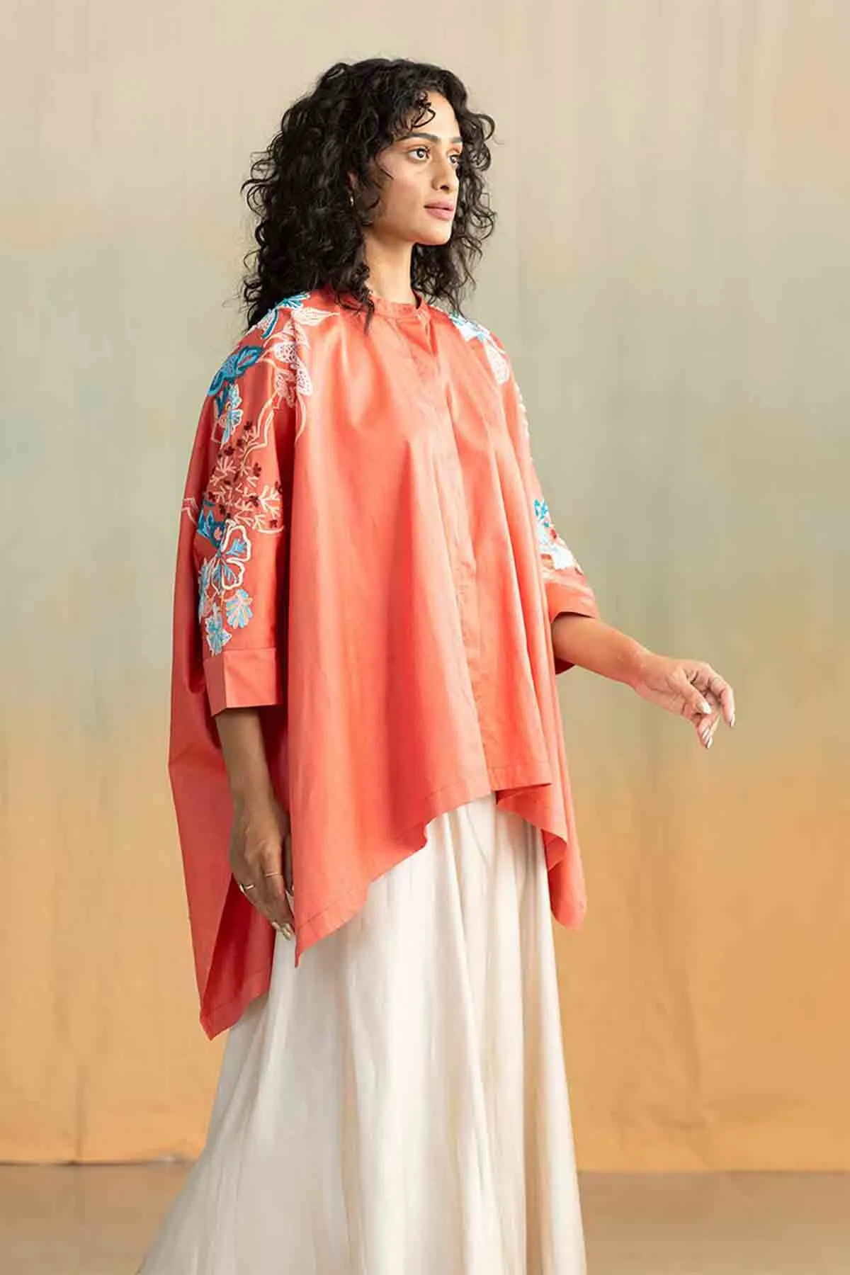 Moonflower Embroidered Kaftan Top (Deep Coral)