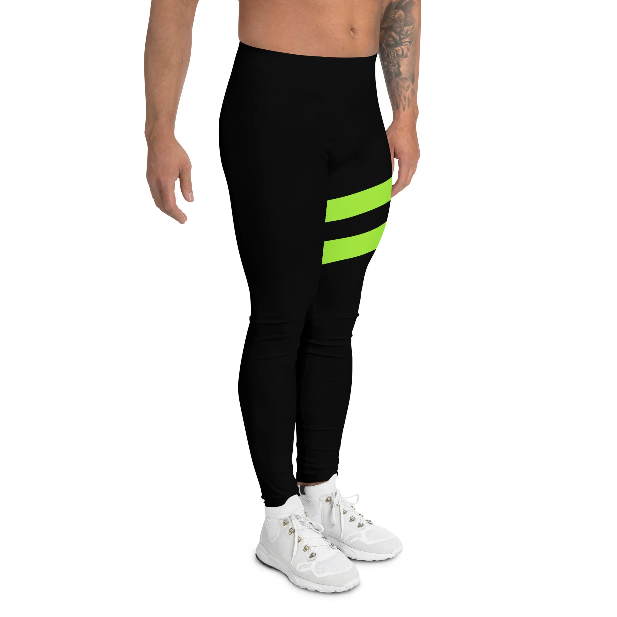 Neon Green Best Men's Leggings, Neon Green and Black Striped Designer Running Compression Tights For Men - Made in USA/EU/MX