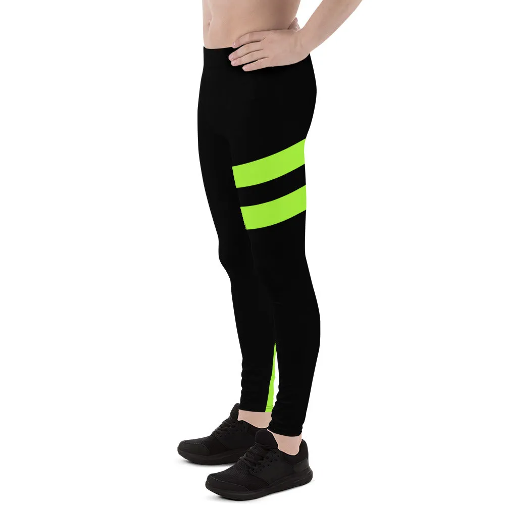 Neon Green Best Men's Leggings, Neon Green and Black Striped Designer Running Compression Tights For Men - Made in USA/EU/MX