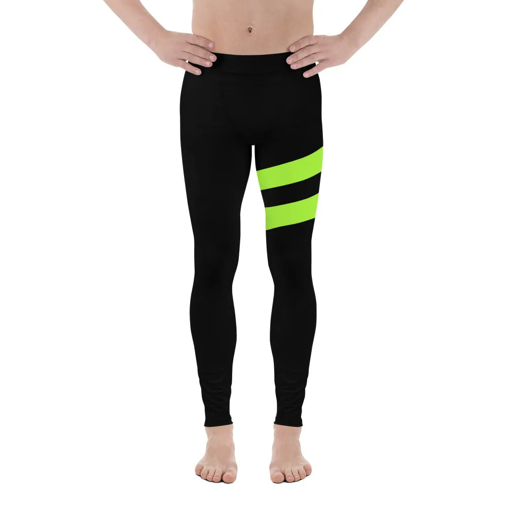Neon Green Best Men's Leggings, Neon Green and Black Striped Designer Running Compression Tights For Men - Made in USA/EU/MX