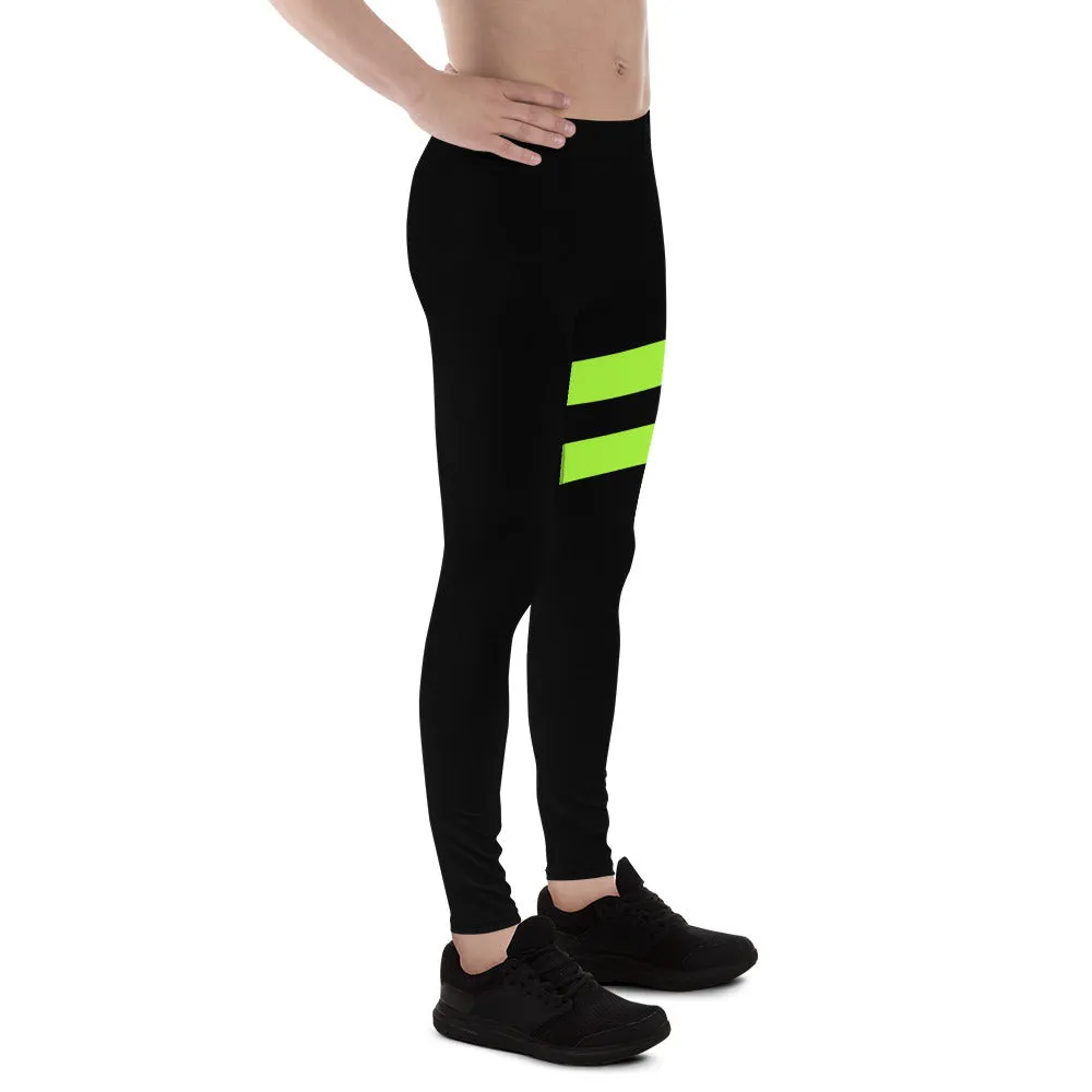 Neon Green Best Men's Leggings, Neon Green and Black Striped Designer Running Compression Tights For Men - Made in USA/EU/MX