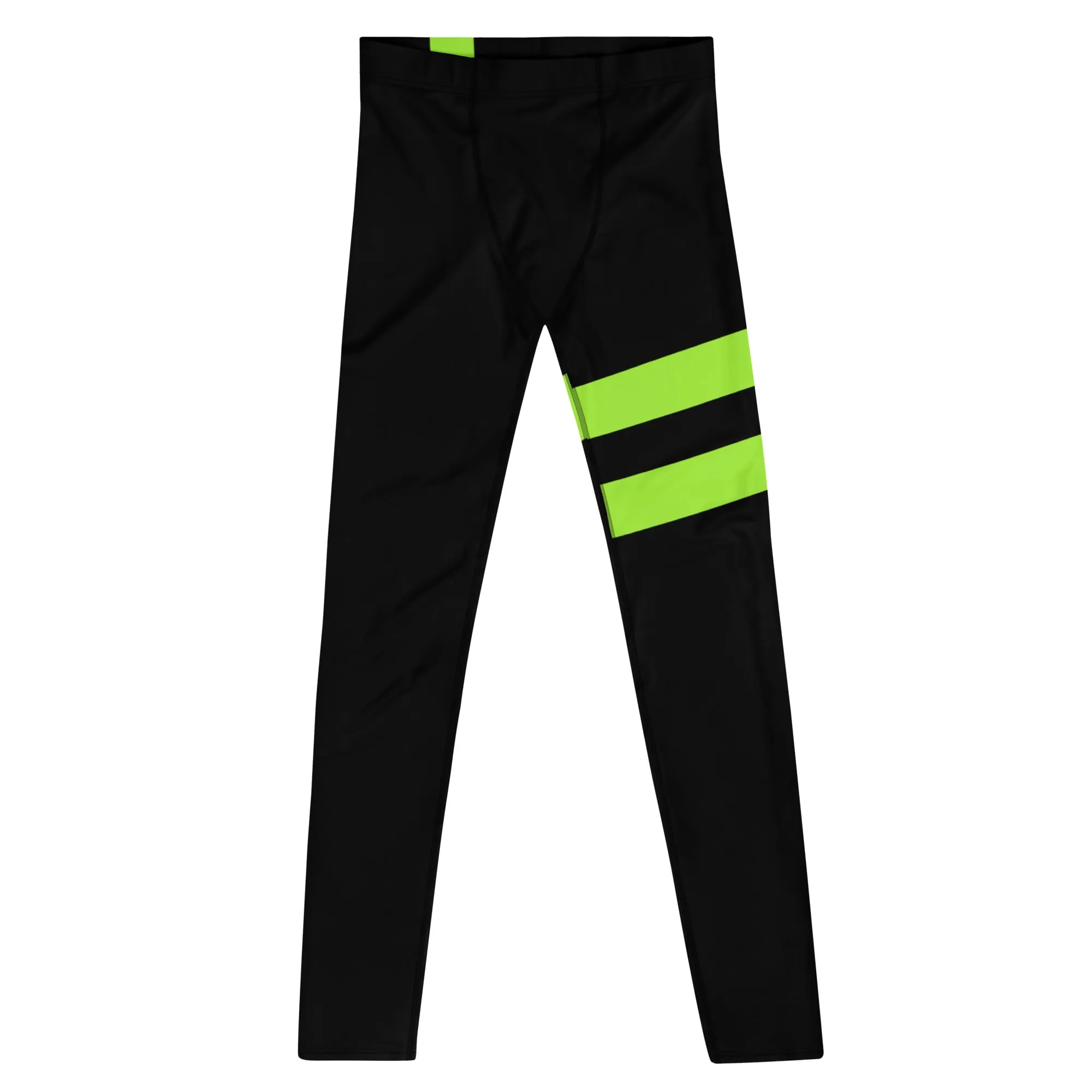 Neon Green Best Men's Leggings, Neon Green and Black Striped Designer Running Compression Tights For Men - Made in USA/EU/MX