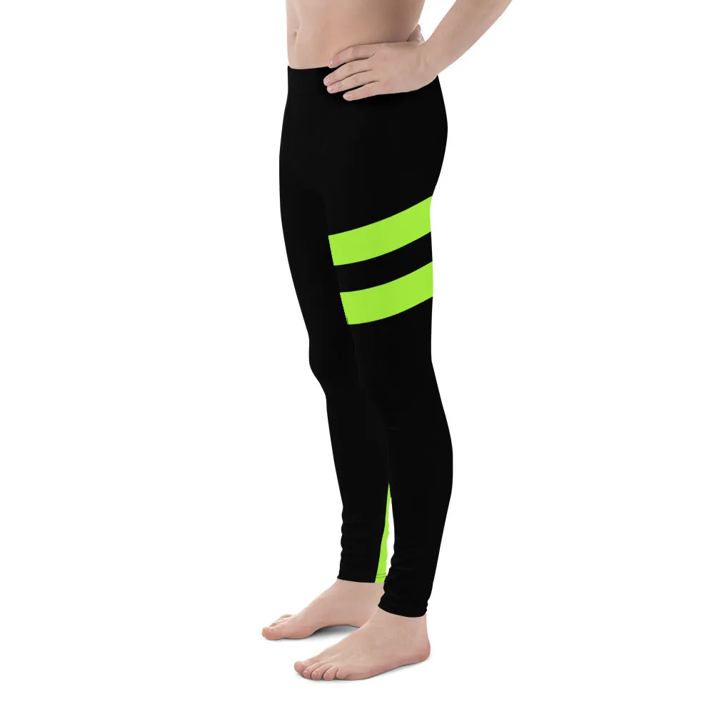 Neon Green Best Men's Leggings, Neon Green and Black Striped Designer Running Compression Tights For Men - Made in USA/EU/MX