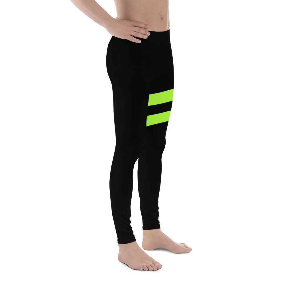 Neon Green Best Men's Leggings, Neon Green and Black Striped Designer Running Compression Tights For Men - Made in USA/EU/MX
