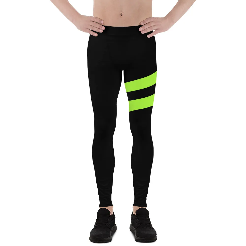 Neon Green Best Men's Leggings, Neon Green and Black Striped Designer Running Compression Tights For Men - Made in USA/EU/MX