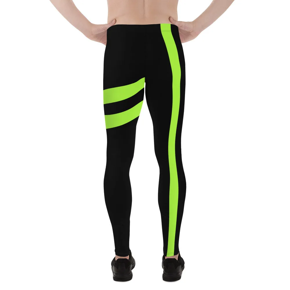 Neon Green Best Men's Leggings, Neon Green and Black Striped Designer Running Compression Tights For Men - Made in USA/EU/MX