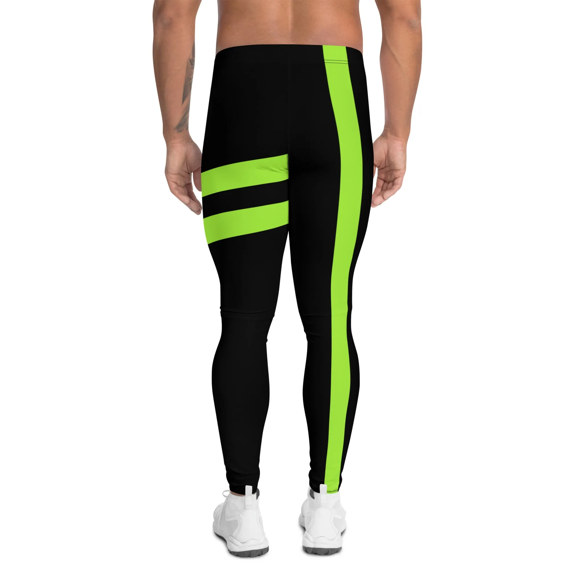 Neon Green Best Men's Leggings, Neon Green and Black Striped Designer Running Compression Tights For Men - Made in USA/EU/MX