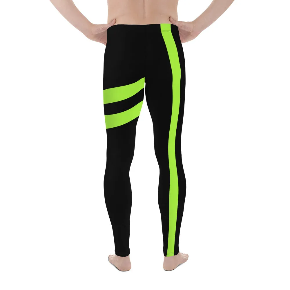 Neon Green Best Men's Leggings, Neon Green and Black Striped Designer Running Compression Tights For Men - Made in USA/EU/MX