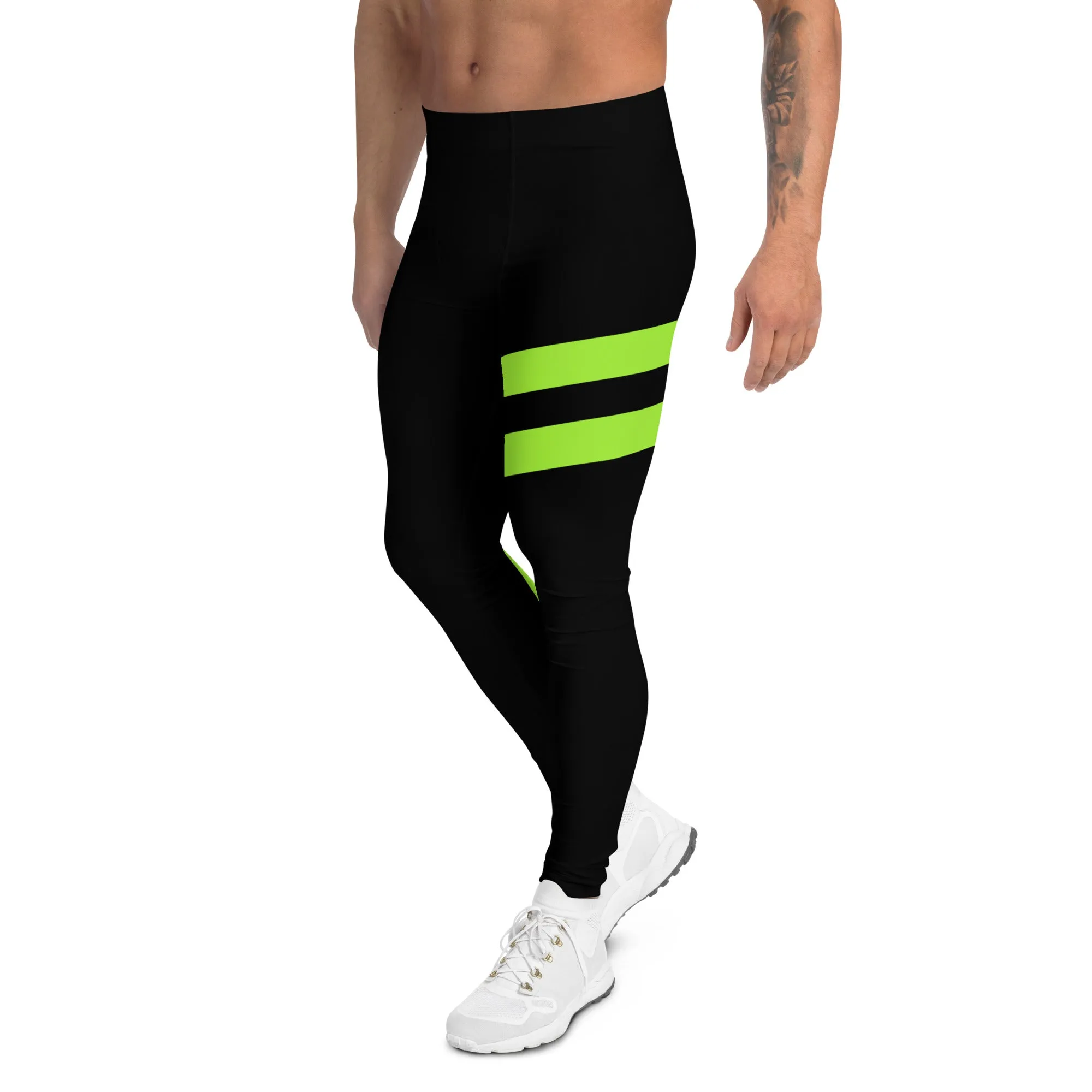 Neon Green Best Men's Leggings, Neon Green and Black Striped Designer Running Compression Tights For Men - Made in USA/EU/MX