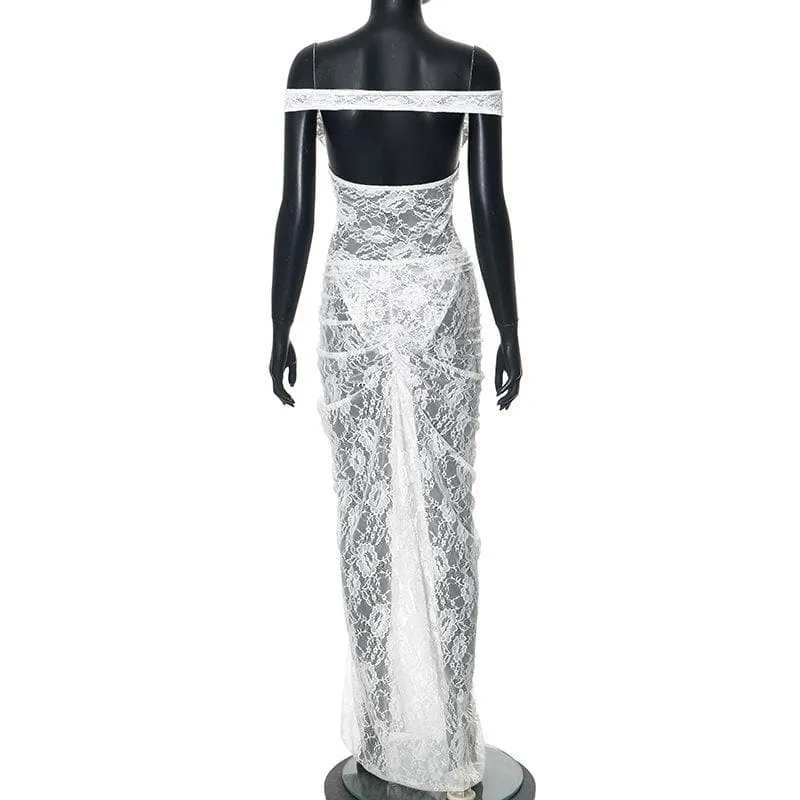 Off shoulder lace ruched maxi skirt set