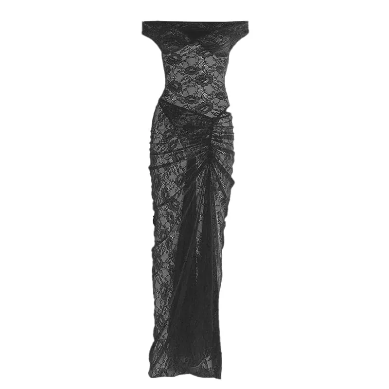 Off shoulder lace ruched maxi skirt set