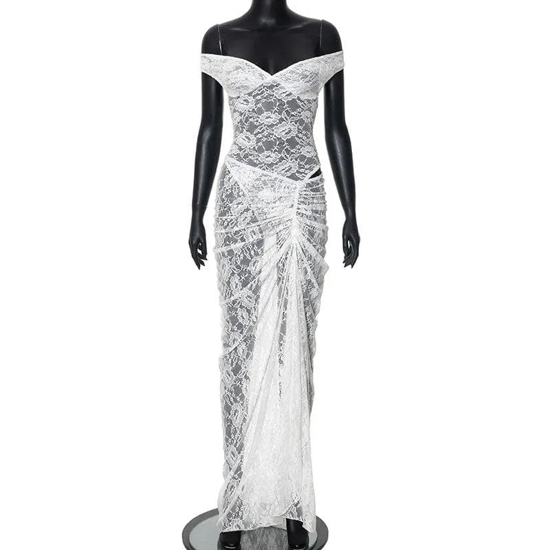 Off shoulder lace ruched maxi skirt set