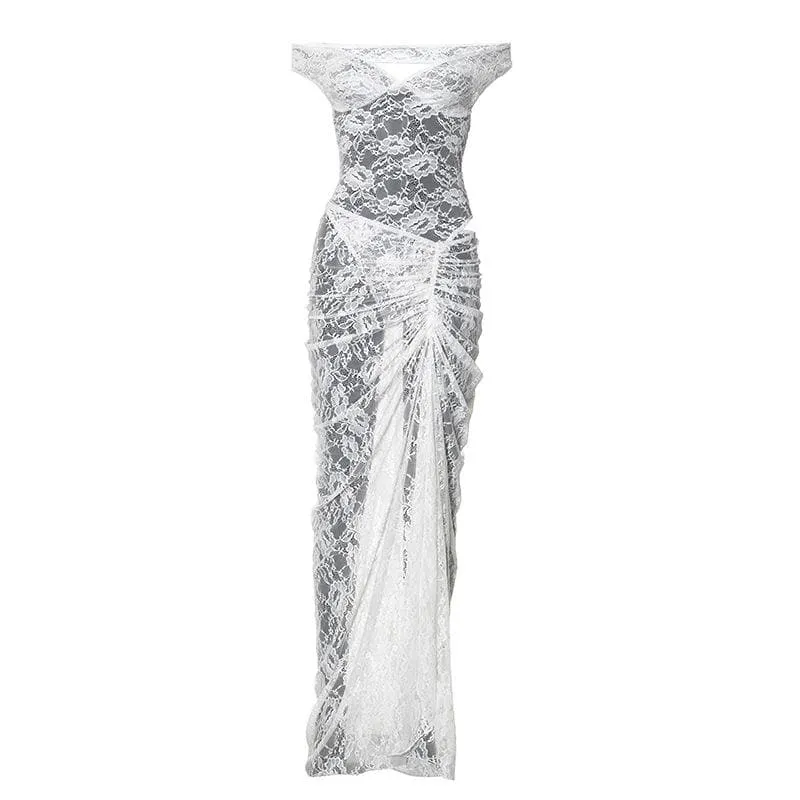 Off shoulder lace ruched maxi skirt set