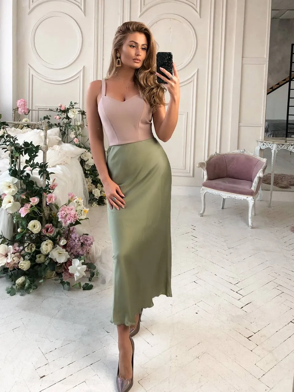Olive Silk High Waist Midi Skirt