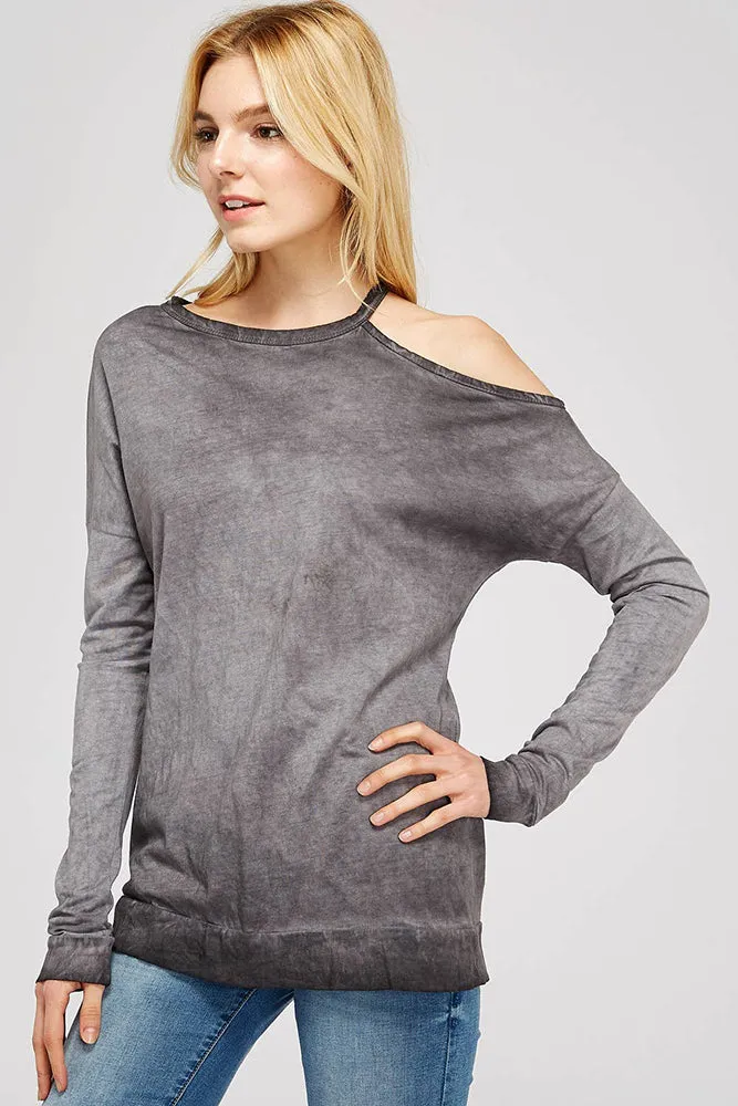 Open Shoulder Mock Neck Cotton Sweatshirt