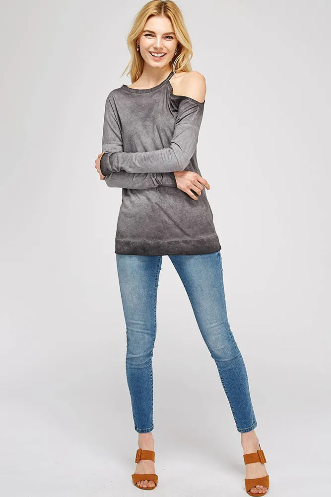 Open Shoulder Mock Neck Cotton Sweatshirt