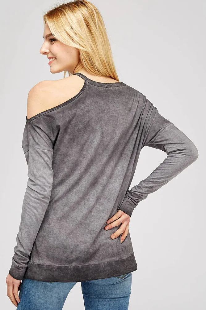 Open Shoulder Mock Neck Cotton Sweatshirt
