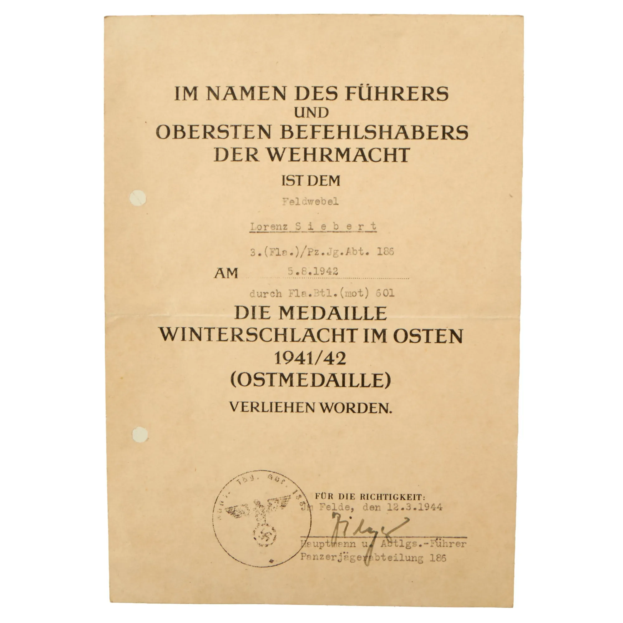Original German WWII Eastern Front Medal with Named Award Document and Austrian Style Ribbon Mount - 186th Panzerjäger Detachment