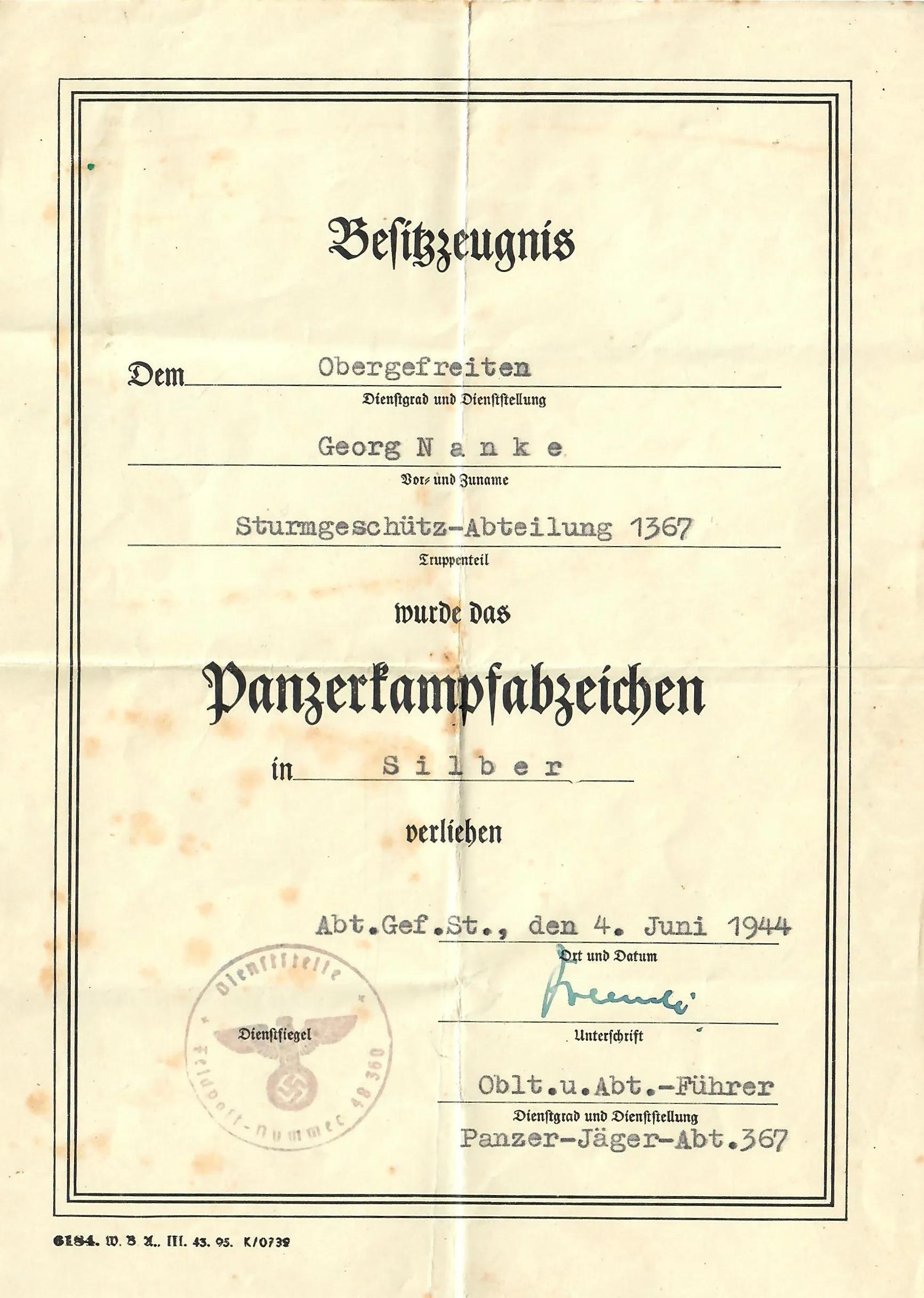 Original German WWII Silver Grade Panzer Assault Tank Badge with Named Award Document - Hollow Back