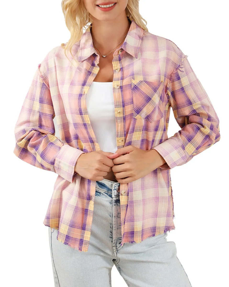 Plaid Distressed Buttoned Shirt w/Pockets