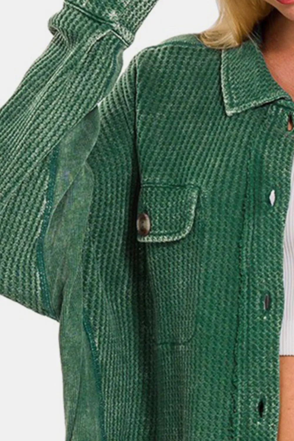 Relaxed Button Up Washed Waffle Shirt