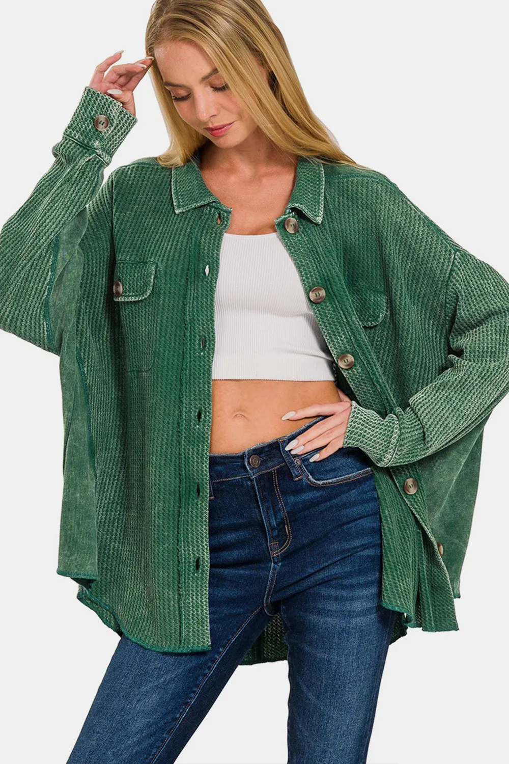 Relaxed Button Up Washed Waffle Shirt