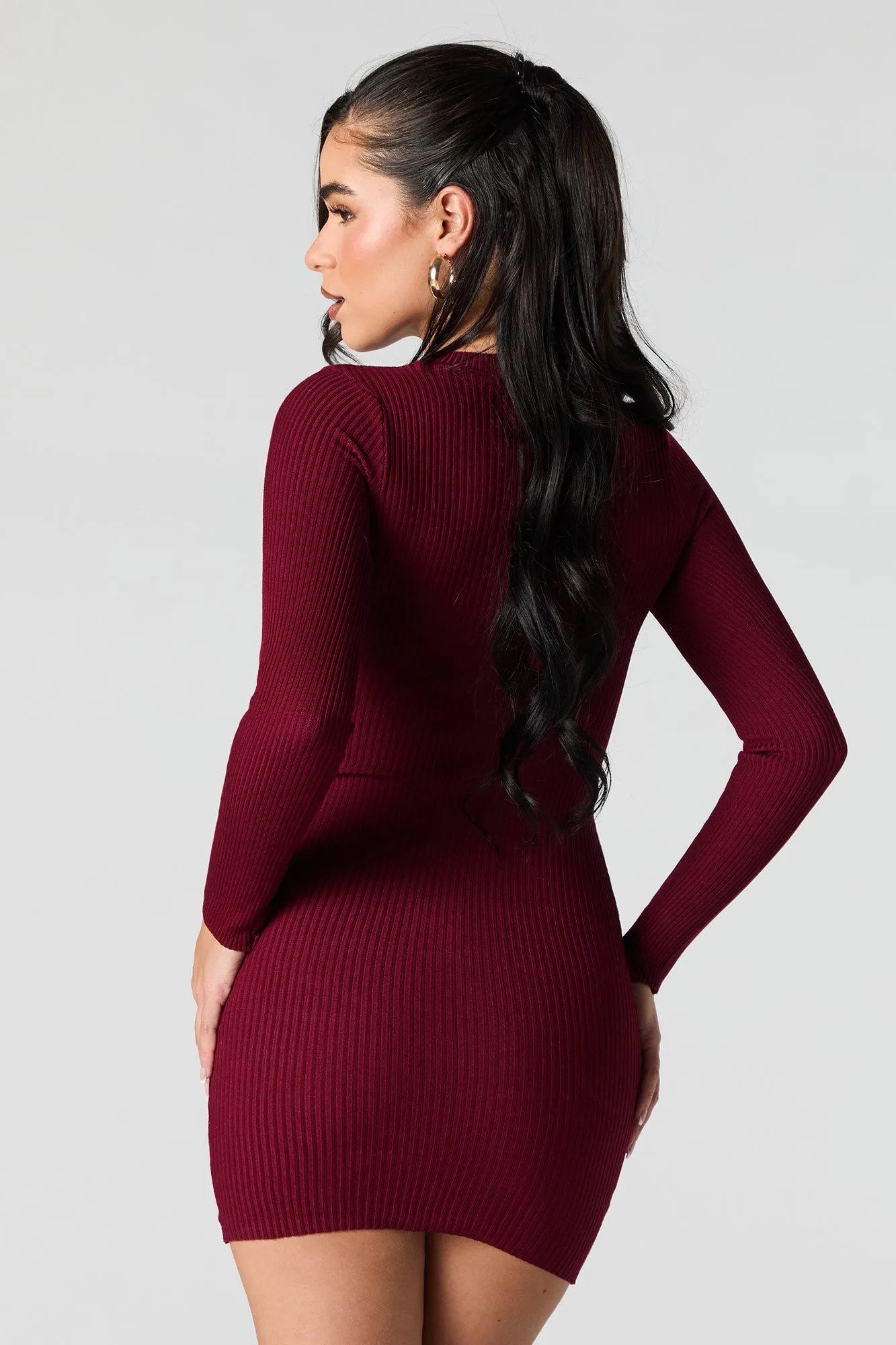 Ribbed Knit Long Sleeve Mini Sweater Dress