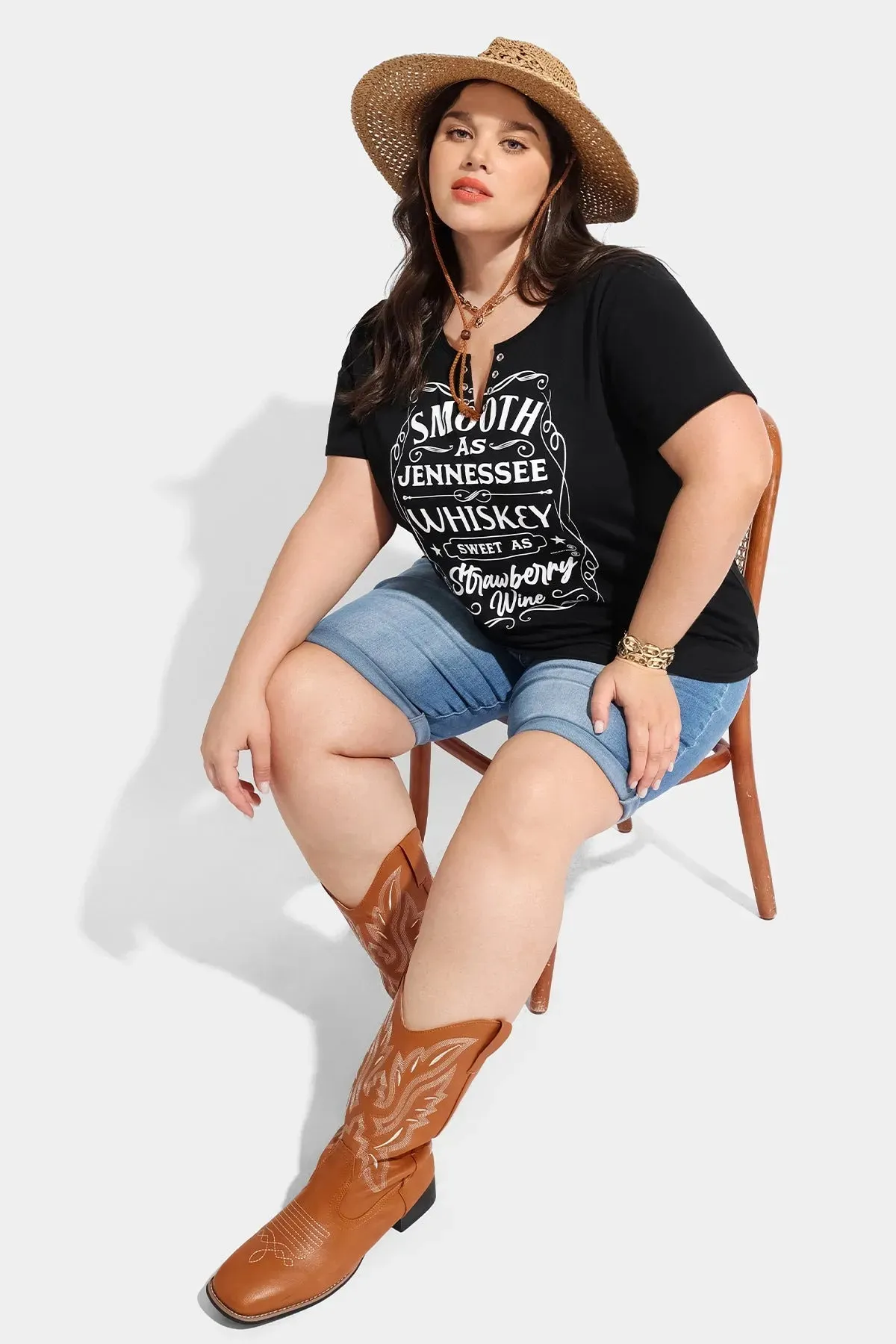 Ritera Alphabet Grommet Eyelet Knotted V Neck T-Shirt