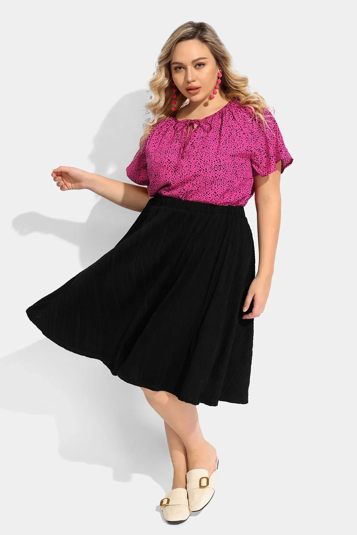 Ritera Polka Dot Drawstring Neckline Flowy Blouse