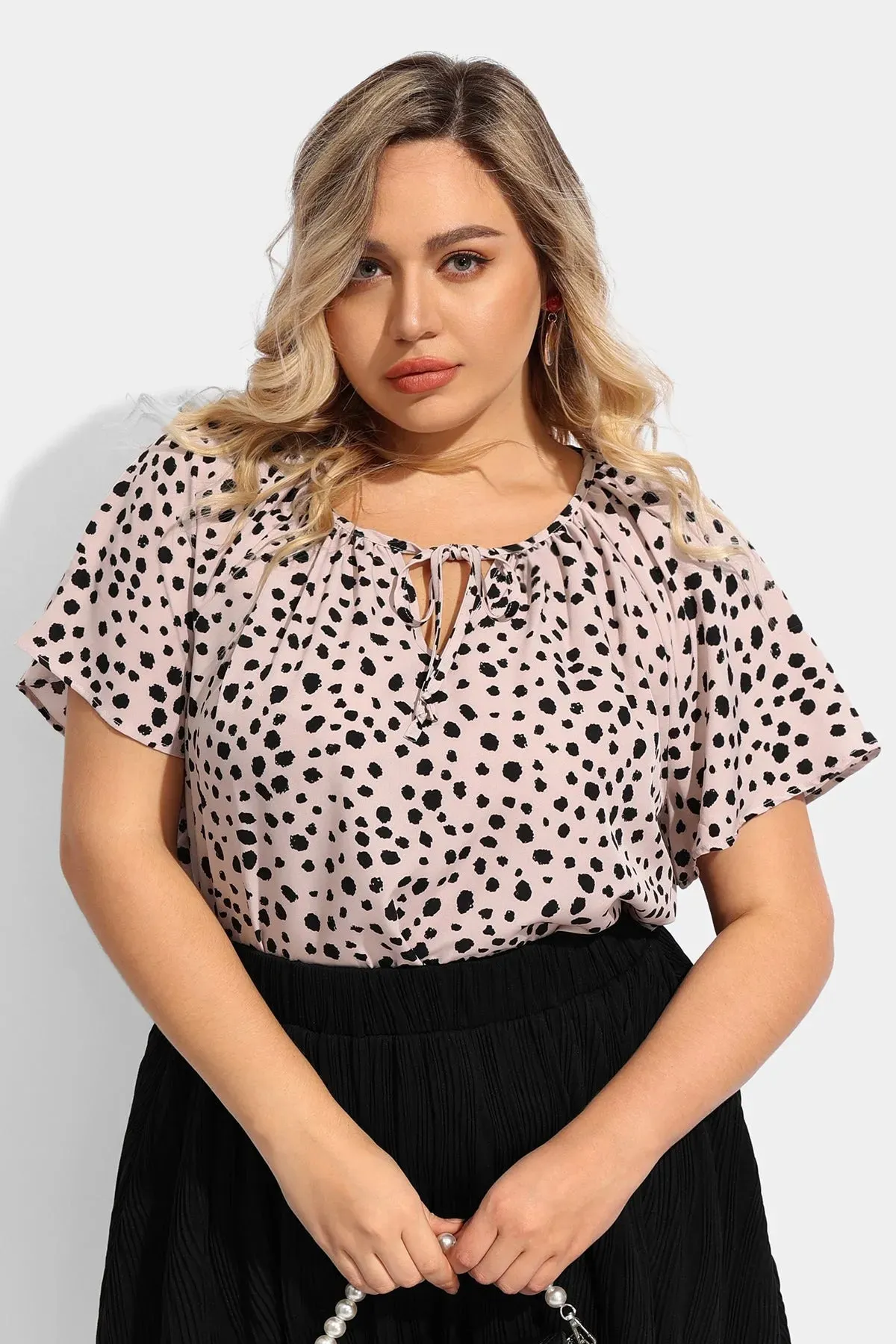 Ritera Polka Dot Drawstring Neckline Ruffle Sleeve Blouse