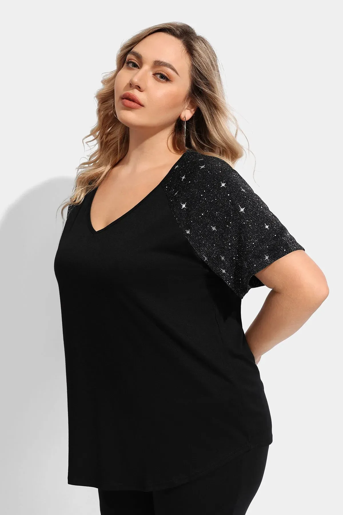 Ritera Sequin Raglan Sleeves V Neck Tunic T-Shirt