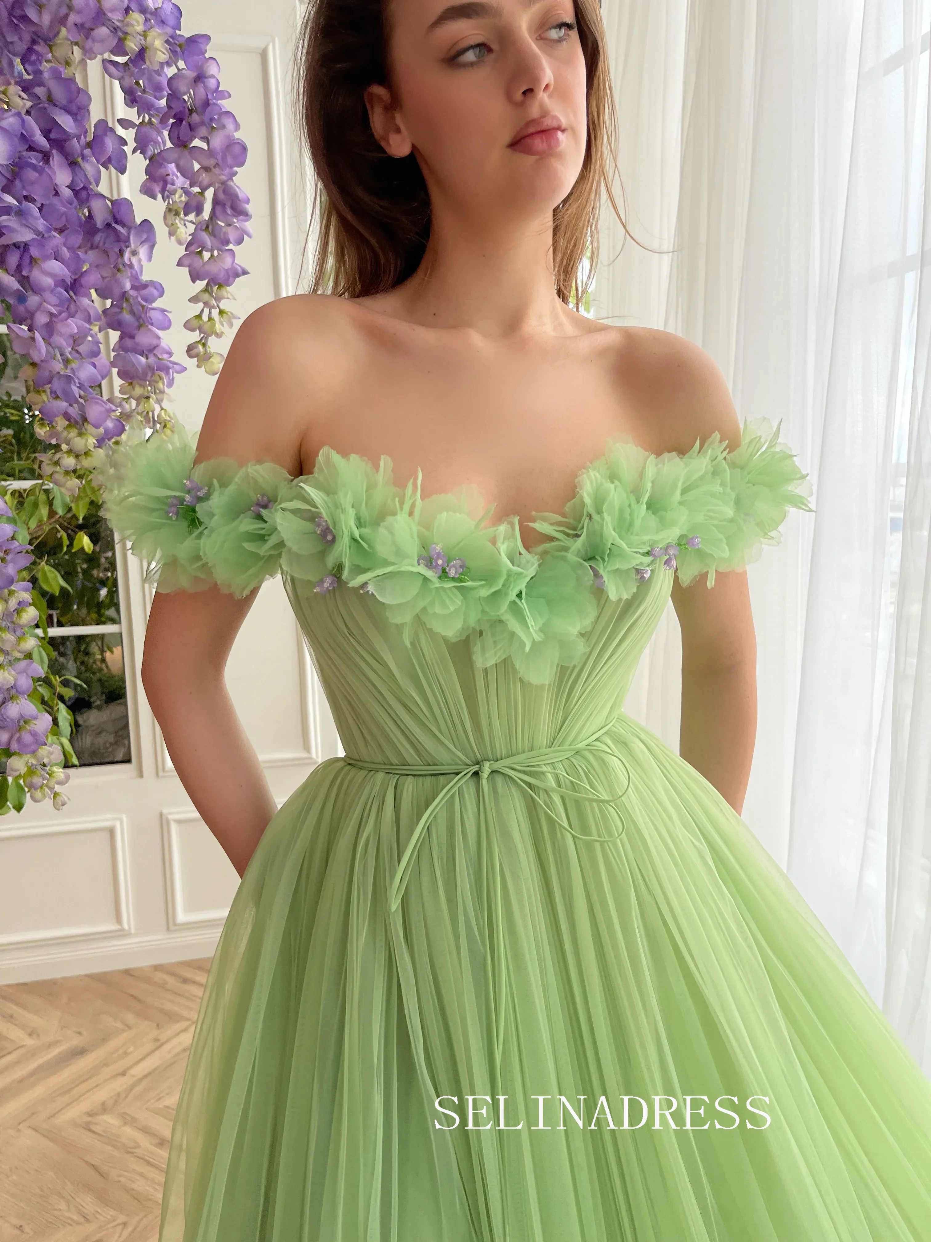 Sage Off-the-shoulder Long Prom Dress Off-the-shoulder Evening Dress With Slit EWR311