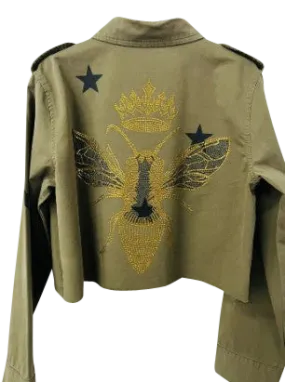 Shacket, Army Green Cropped, Gold Queen Bee