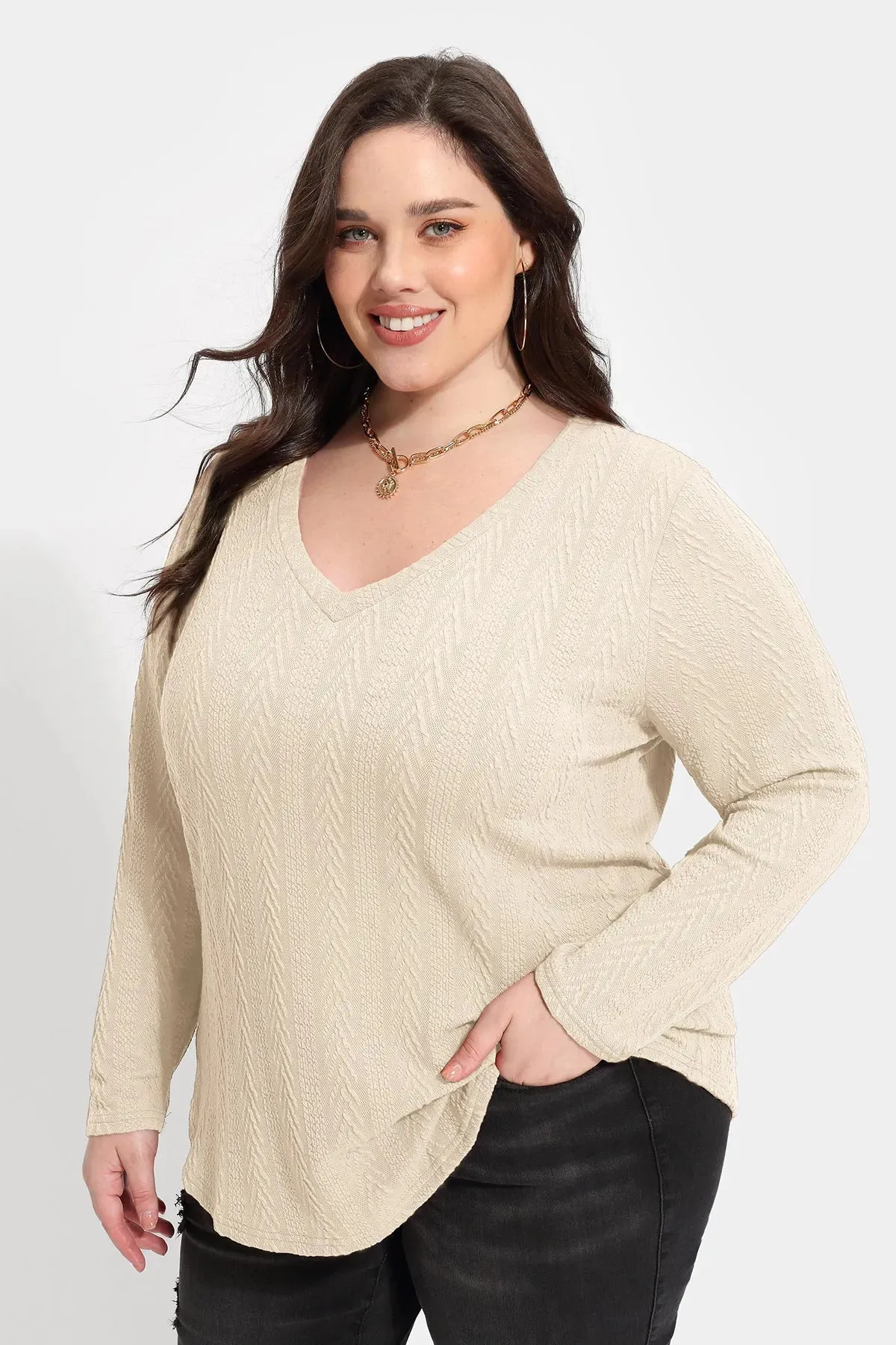 Solid V-neck Loose Long Sleeve Basic Shirt