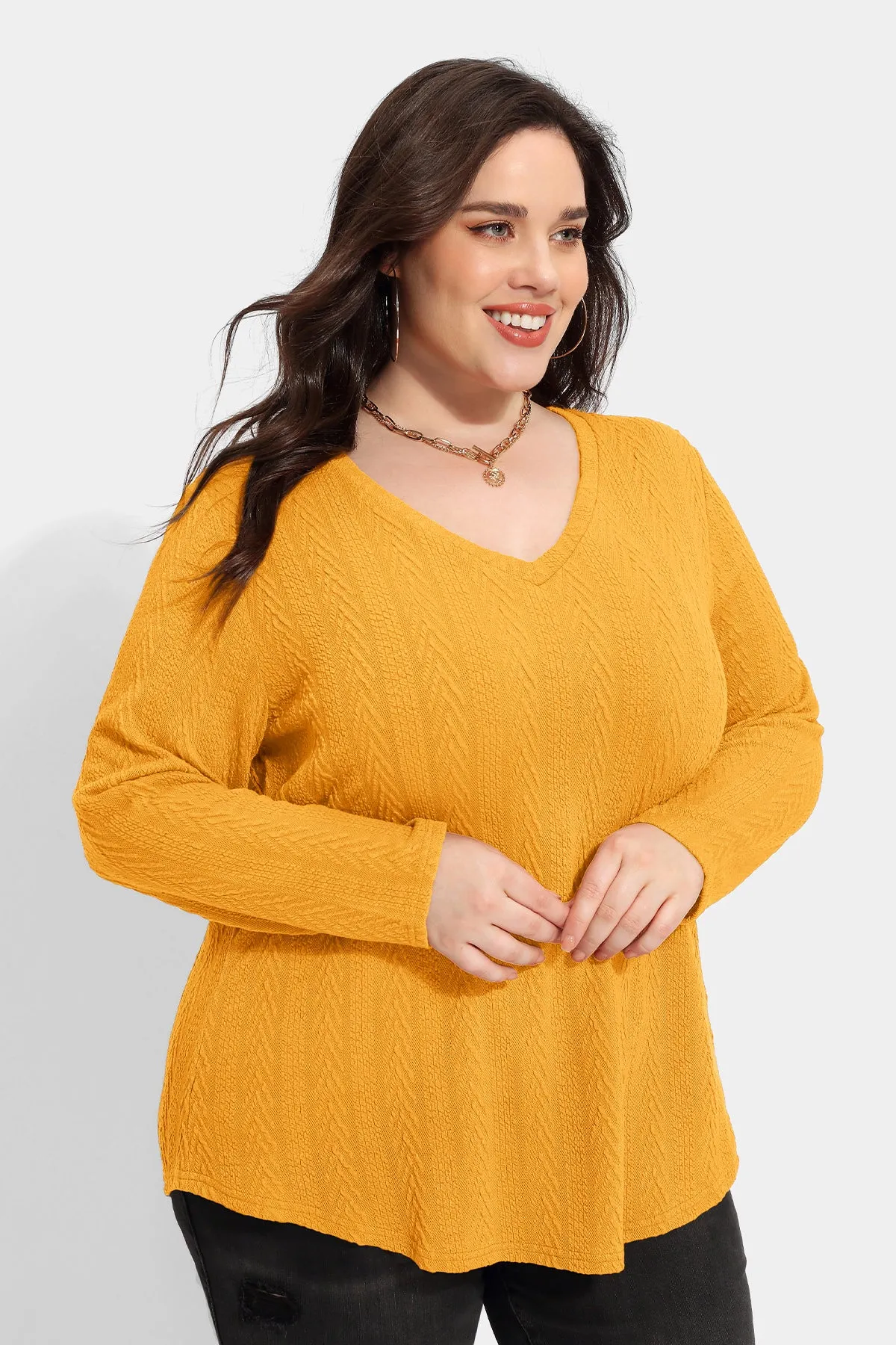 Solid V-neck Loose Long Sleeve Basic Shirt