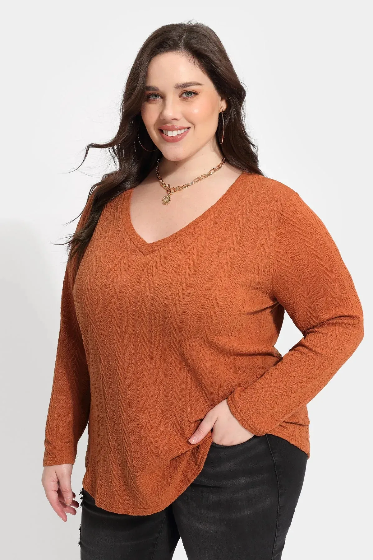 Solid V-neck Loose Long Sleeve Basic Shirt