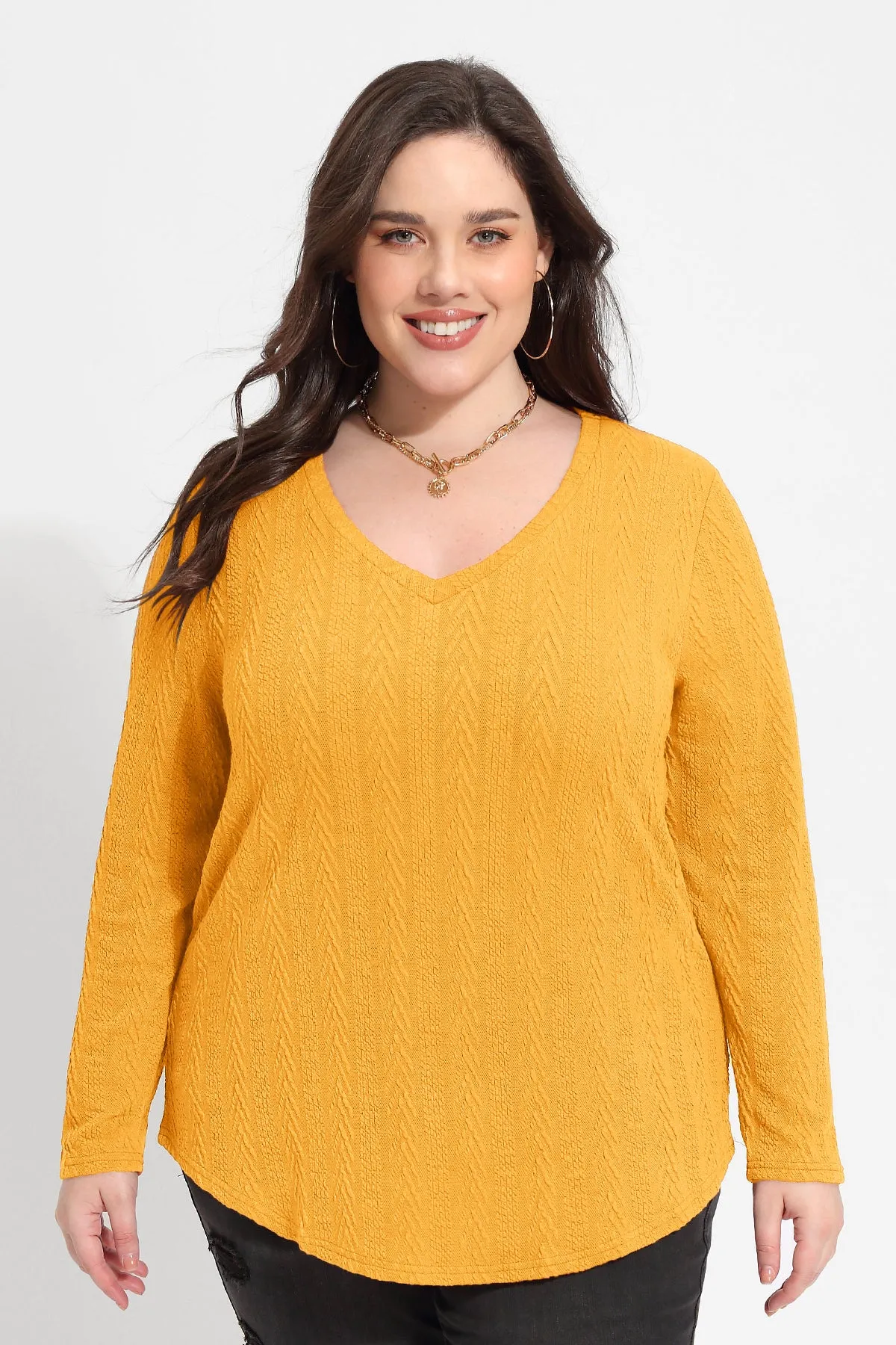 Solid V-neck Loose Long Sleeve Basic Shirt