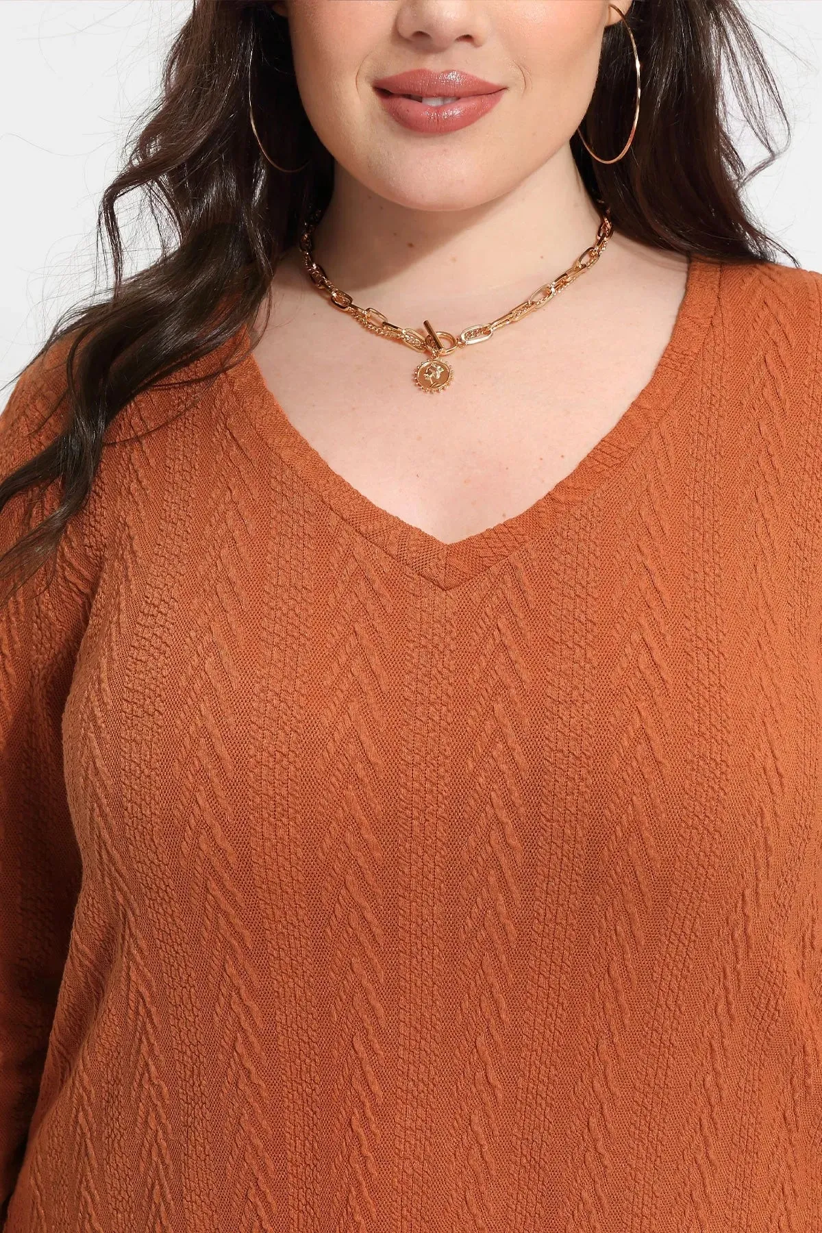 Solid V-neck Loose Long Sleeve Basic Shirt